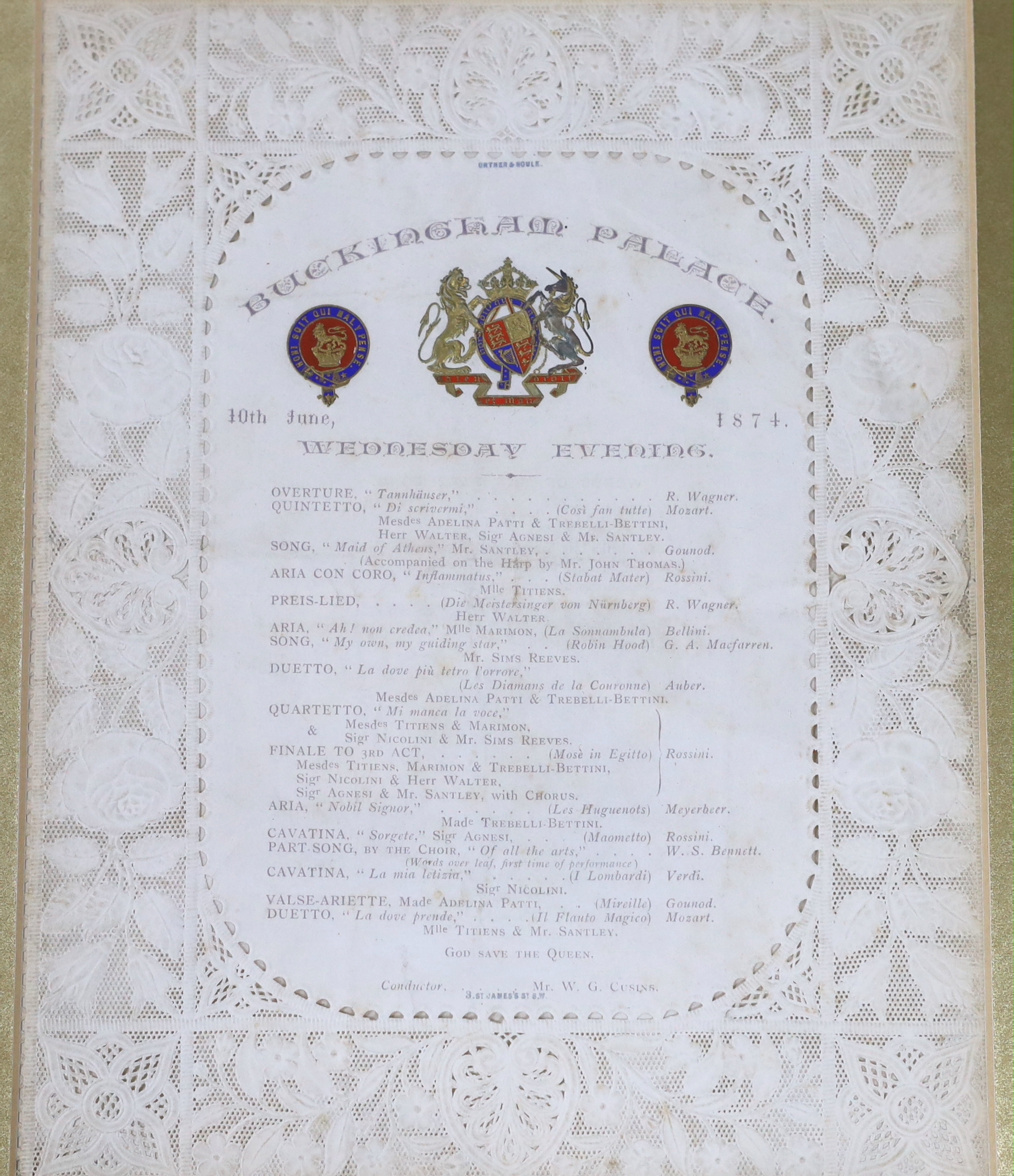 Royal Interest- 19th century pierced paper opera programme, Buckingham Palace, 10th June 1874, impressed Ortner & Houle, 24 x 19cm